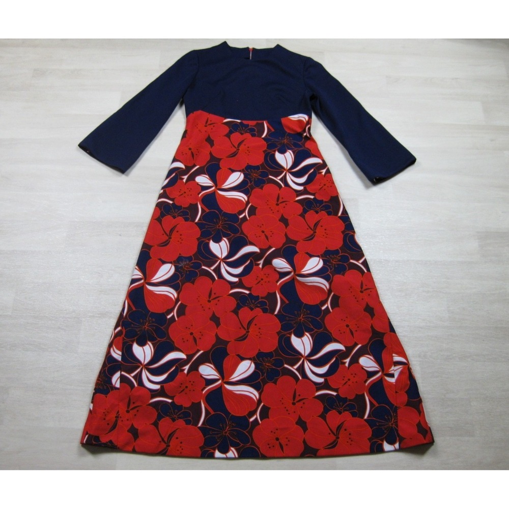 Vintage 60s Maxi Dress (L) Bell Sleeve Floral‎ Psychedelic Hippie Metal Zipper